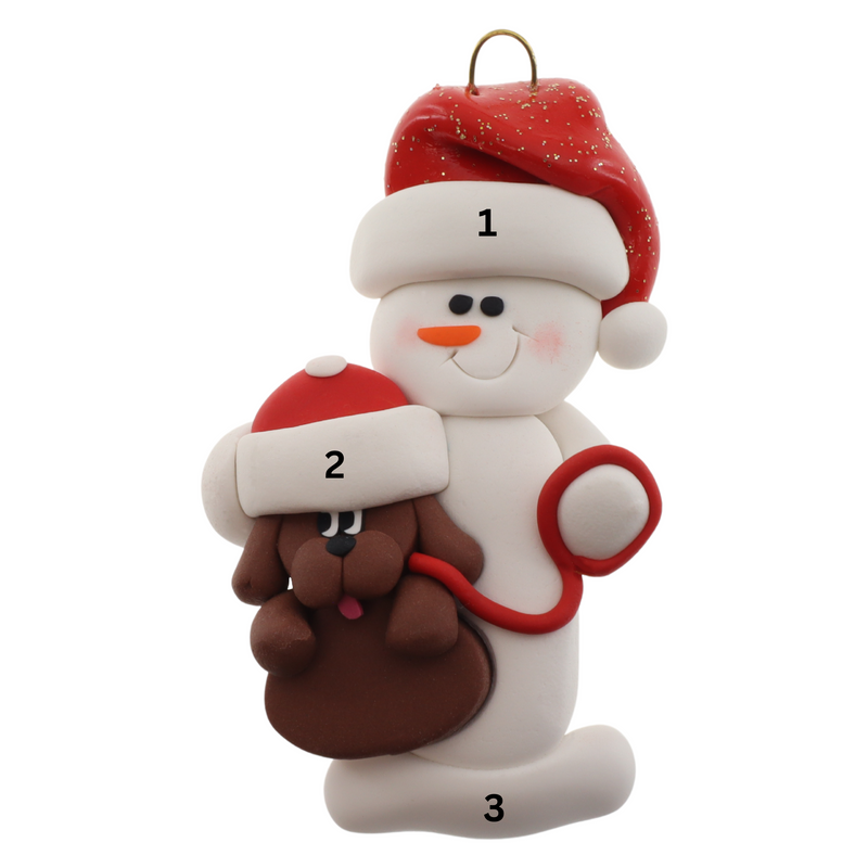 Ornament of white snowman in red hat holding a brown dog on a leash, numbered 1-3 for personalization.