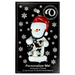 Ornament of white snowman in red hat holding a cow and stethoscope, on display backing card.