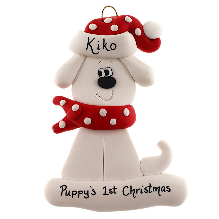 Dog with Polka Dot Scarf Ornament - White