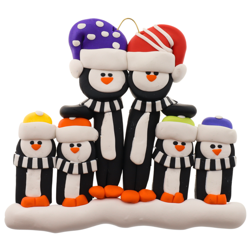 Family ornament with 6 black and white penguins in colourful festive hats.