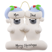 Family ornament with 2 polar bear figures in blue Christmas hats, personalized with names.