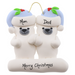 Family ornament with 2 polar bear figures in blue Christmas hats, personalized with names.