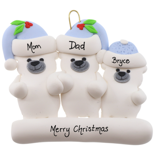 Family ornament with 3 polar bear figures in blue Christmas hats, personalized with names.