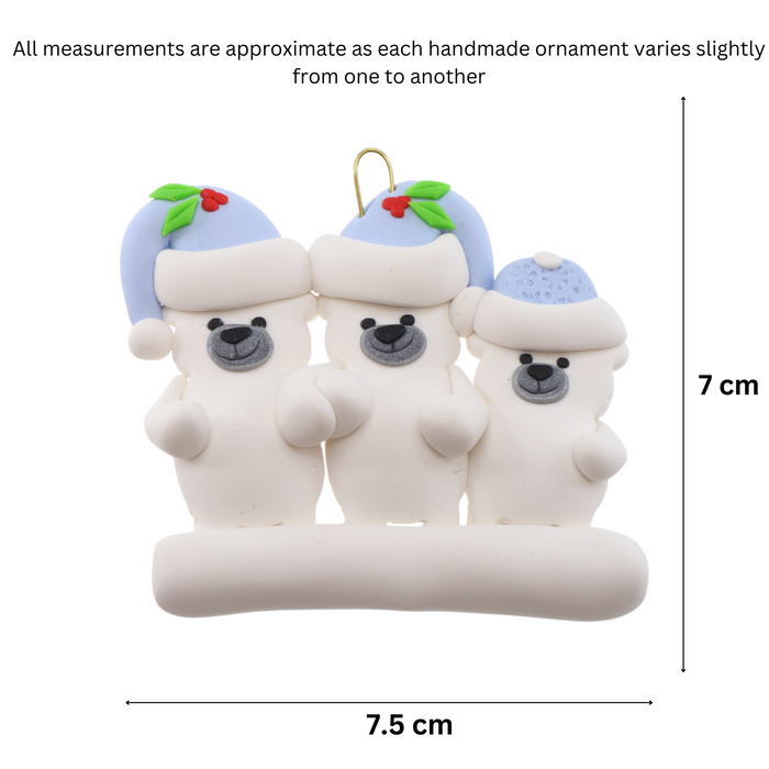 Family ornament with 3 polar bear figures in blue Christmas hats, graphed to show size (7.5x7cm).