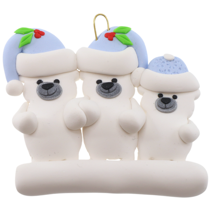 Family ornament with 3 polar bear figures in blue Christmas hats.