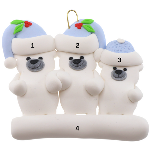 Family ornament with 3 polar bear figures in blue Christmas hats, numbered 1-4 for personalization.