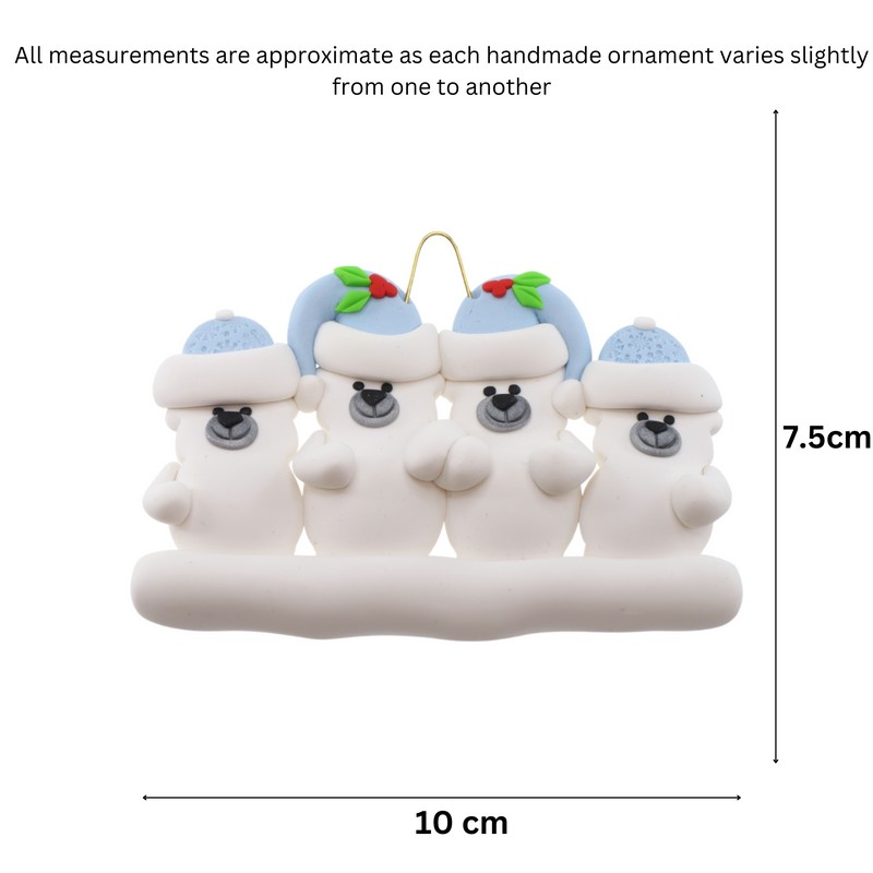 Family ornament with 4 polar bear figures in blue Christmas hats, graphed to show size (10x7.5cm).
