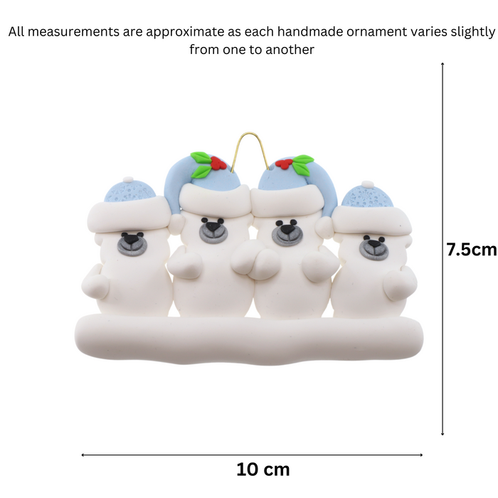 Family ornament with 4 polar bear figures in blue Christmas hats, graphed to show size (10x7.5cm).