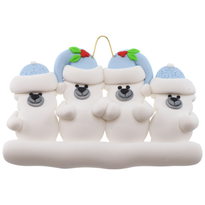 Family ornament with 4 polar bear figures in blue Christmas hats.