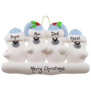 Family ornament with 4 polar bear figures in blue Christmas hats, personalized with names.