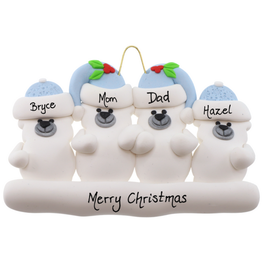 Family ornament with 4 polar bear figures in blue Christmas hats, personalized with names.