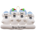 Family ornament with 4 polar bear figures in blue Christmas hats, personalized with names.
