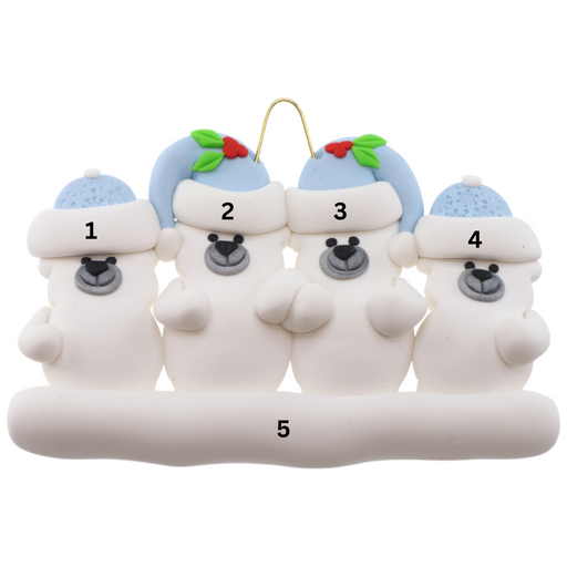 Family ornament with 4 polar bear figures in blue Christmas hats, numbered 1-5 for personalization.