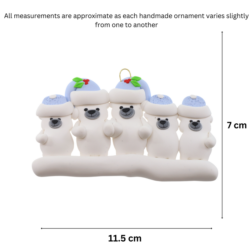 Family ornament with 5 polar bear figures in blue Christmas hats, graphed to show size (11.5x7cm).