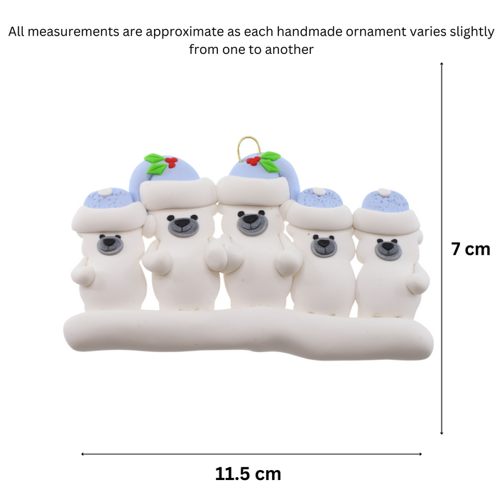 Family ornament with 5 polar bear figures in blue Christmas hats, graphed to show size (11.5x7cm).