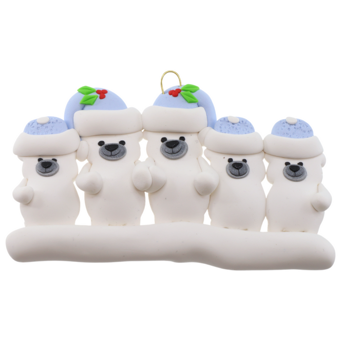 Family ornament with 5 polar bear figures in blue Christmas hats.