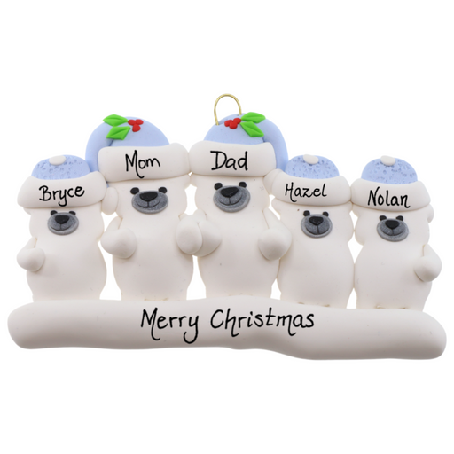 Family ornament with 5 polar bear figures in blue Christmas hats, personalized with names.