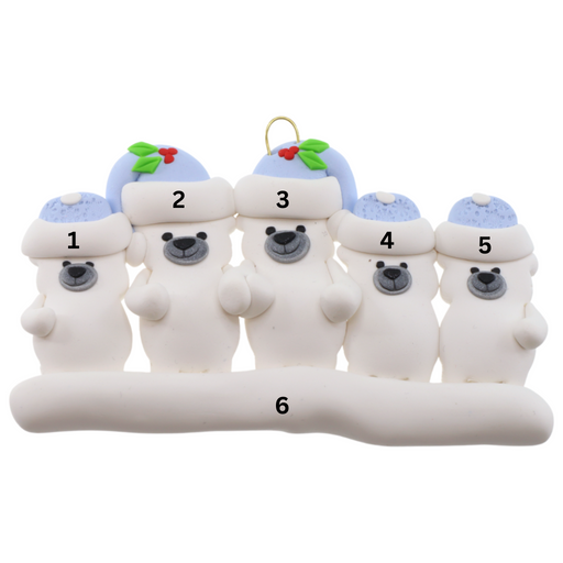 Family ornament with 5 polar bear figures in blue Christmas hats, numbered 1-6 for personalization.