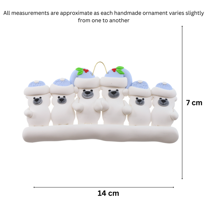 Family ornament with 6 polar bear figures in blue Christmas hats, graphed to show size (14x7cm).
