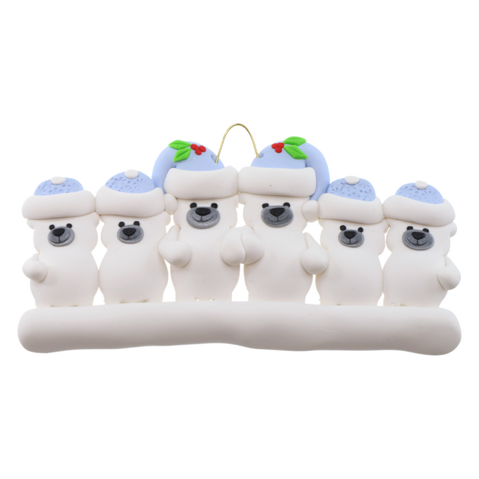 Family ornament with 6 polar bear figures in blue Christmas hats.