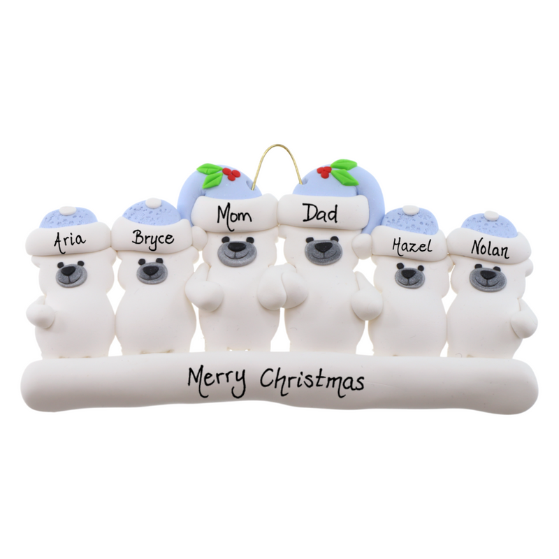 Family ornament with 6 polar bear figures in blue Christmas hats, personalized with names.