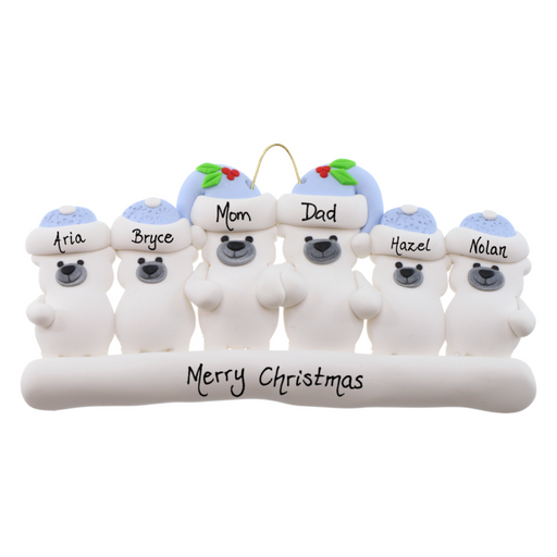 Family ornament with 6 polar bear figures in blue Christmas hats, personalized with names.