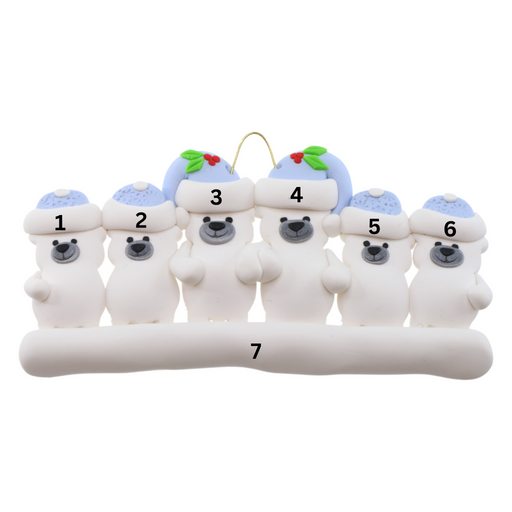 Family ornament with 6 polar bear figures in blue Christmas hats, numbered 1-7 for personalization.