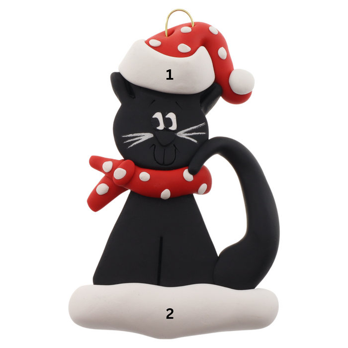 Ornament of black cat in red and white polka dot Christmas hat and scarf, numbered 1-2 for personalization.