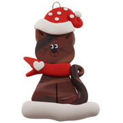 Ornament of brown cat in red and white polka dot Christmas hat and scarf.