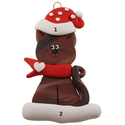 Ornament of brown cat in red and white polka dot Christmas hat and scarf, numbered 1-2 for personalization.