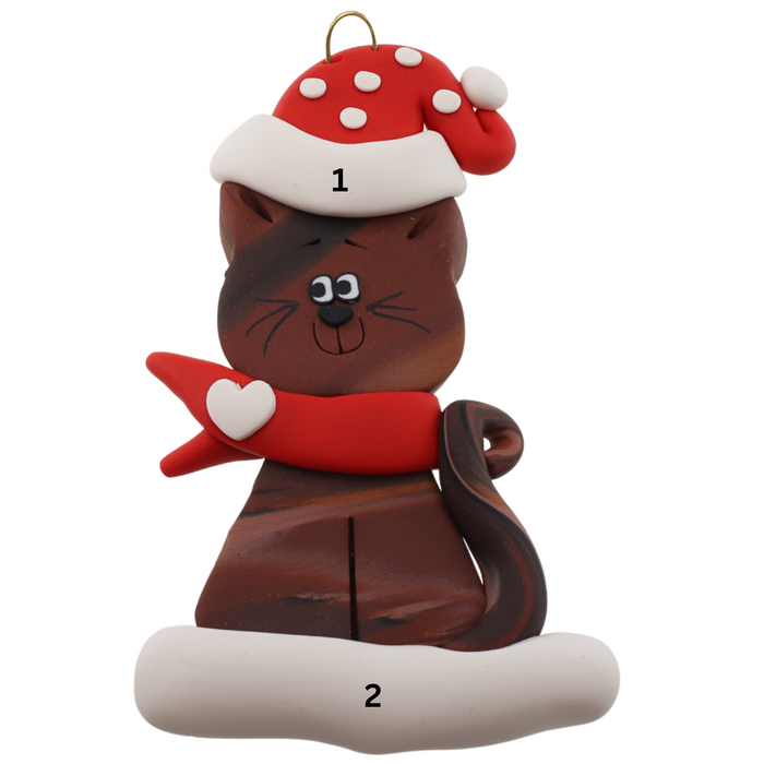 Ornament of brown cat in red and white polka dot Christmas hat and scarf, numbered 1-2 for personalization.