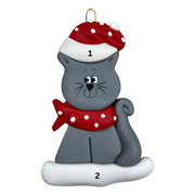 Ornament of grey cat in red and white polka dot Christmas hat and scarf, numbered 1-2 for personalization.