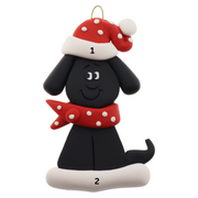 Ornament of black dog in a red and white polka dot Christmas hat and scarf, numbered 1-2 for personalization.