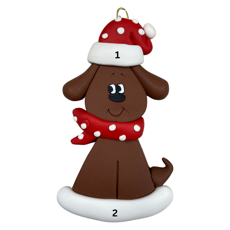 Ornament of brown dog in a red and white polka dot Christmas hat and scarf, numbered 1-2 for personalization.