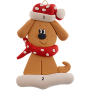Ornament of tan dog in a red and white polka dot Christmas hat and scarf, numbered 1-2 for personalization.