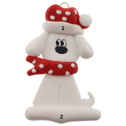 Ornament of white dog in a red and white polka dot Christmas hat and scarf, numbered 1-2 for personalization.