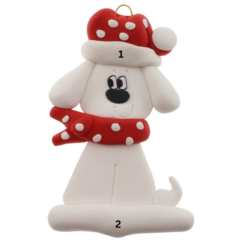 Ornament of white dog in a red and white polka dot Christmas hat and scarf, numbered 1-2 for personalization.