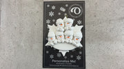 Family ornament with 6 white snowmen stacked on top of a glitter white snowflake, shown on backing card and Christmas tree.
