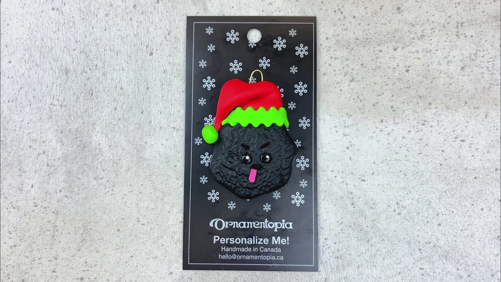 Black frowning lump of coal wearing red festive hat ornament, shown on backing card and Christmas tree.