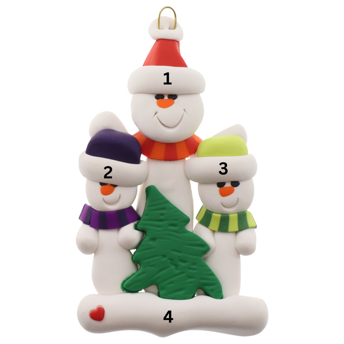 Family ornament with 1 large and 2 small white snowmen in bright scarves, with green Christmas tree, numbered 1-4 for personalization.