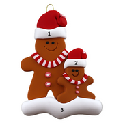 Family ornament with 1 large and 1 small brown gingerbread figure in red Christmas hats, numbered 1-3 for personalization.
