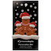 Family ornament with 1 large and 2 small brown gingerbread figures in red Christmas hats, on display backing card.