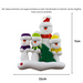 Family ornament with 1 large and 3 small white snowmen in bright scarves, with green Christmas tree, graphed to show size (11x7cm).