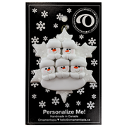 Family ornament with 5 white snowmen stacked on top of a glitter white snowflake, on display backing card.