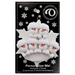 Family ornament with 6 white snowmen stacked on top of a glitter white snowflake, on display backing card.