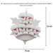 Family ornament with 6 white snowmen stacked on top of a glitter white snowflake, graphed to show size (9x11cm).