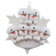 Family ornament with 6 white snowmen stacked on top of a glitter white snowflake, numbered 1-7 for personalization.