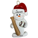 Ornament of white snowman in red hat holding a baseball bat and a baseball, personalized with name.