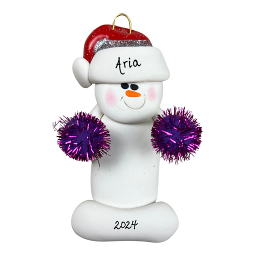 Ornament of white snowman in red hat holding purple cheerleader pom-poms, personalized with name.