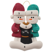 Ornament of snowman couple in red and green shirts and hats with a black cat in Christmas hat, numbered 1-4 for personalization.